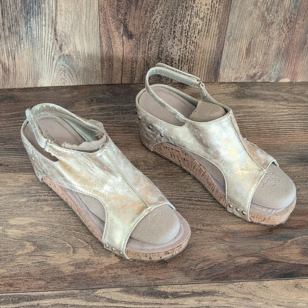 Pierre Dumas Cork Wedge Metallic Gold Slingback Sandals 10M         AB111